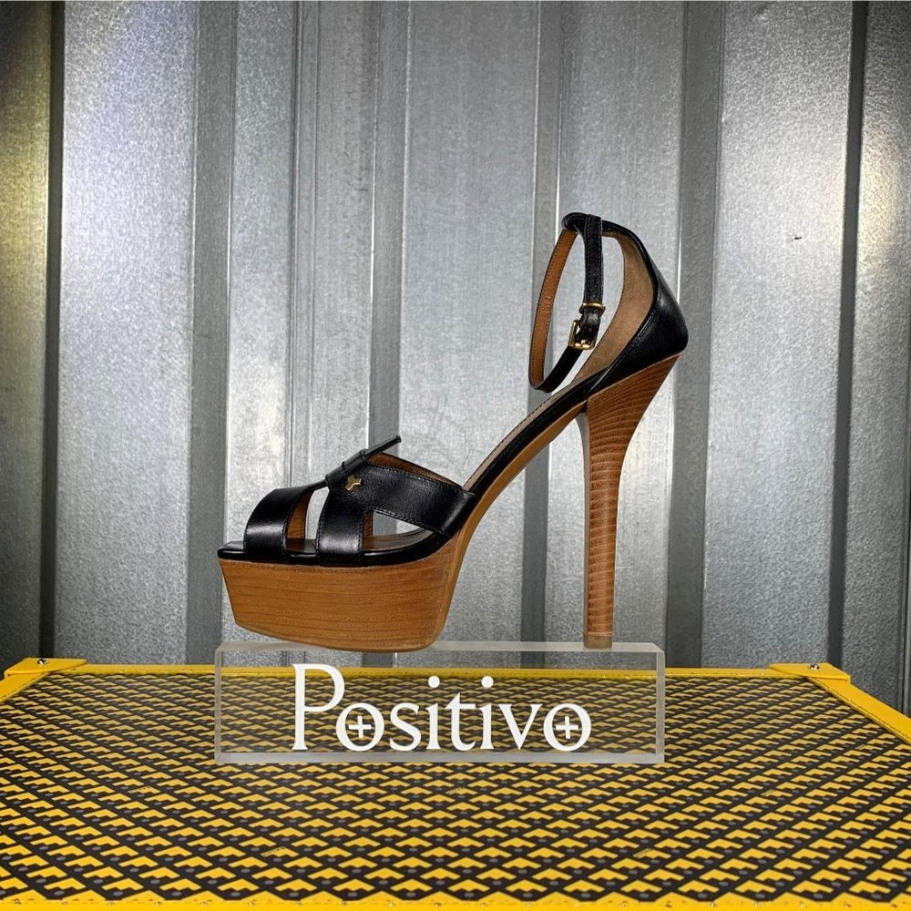Black Leather Platform Sandal with Wood Heel